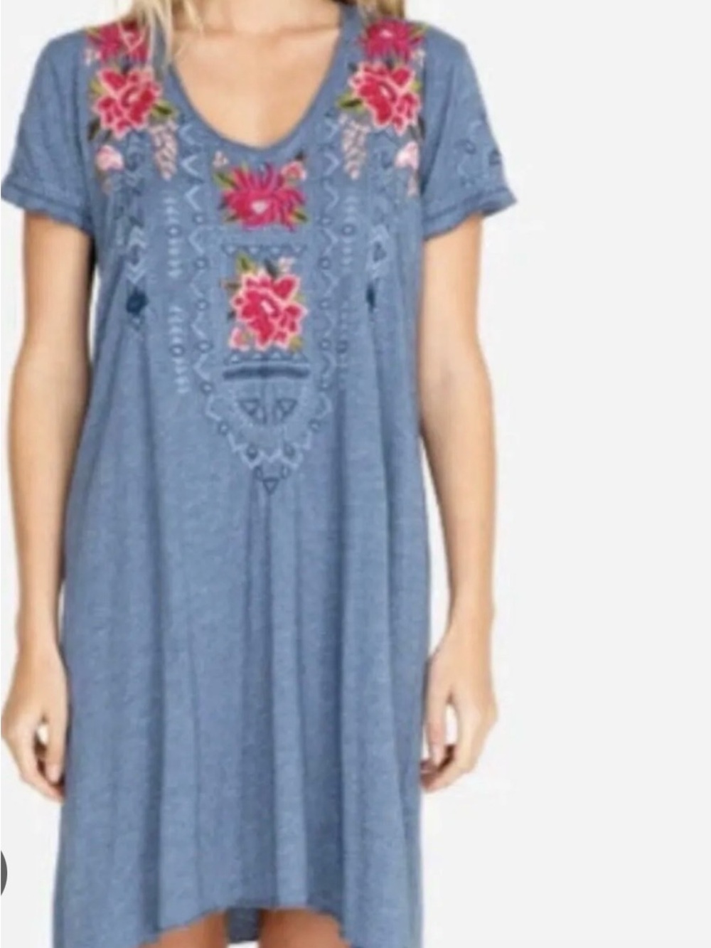 Johnny Was embroidered floral short sleeve draped tunic dress large